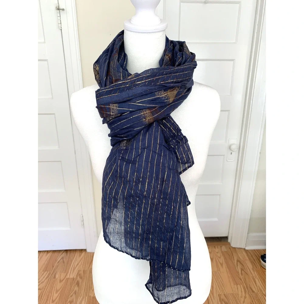 Navy Blue 100% Cotton Scarf Gold Elephant Print 44x68 Sheer Boho Wrap